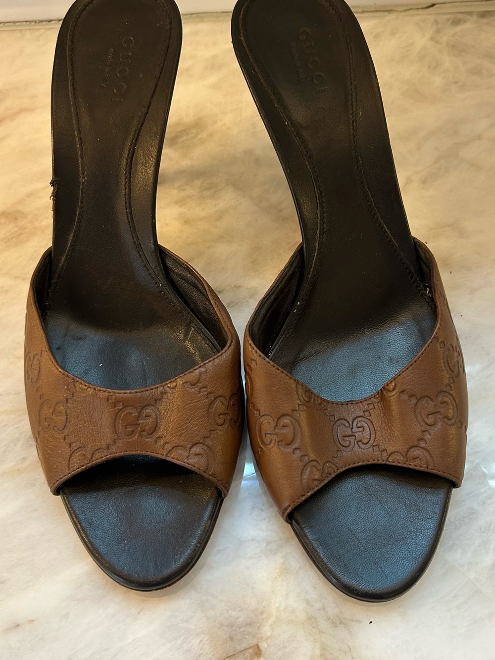 Gucci Brown Leather GG Embossed Open-Toe Mules from the Tim Ford Era
